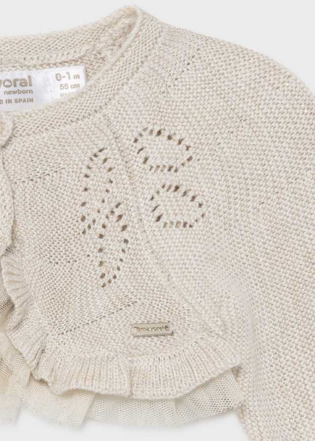 MAYORAL Girls Beige Metallic Bolero Cardigan with Tulle Trim