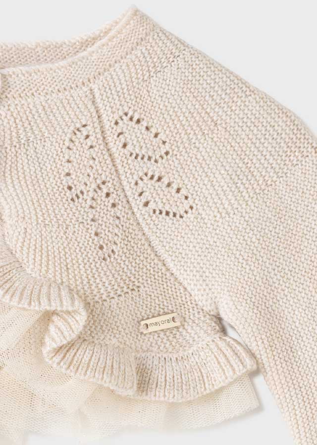 MAYORAL Girls Beige Metallic Bolero Cardigan with Tulle Trim