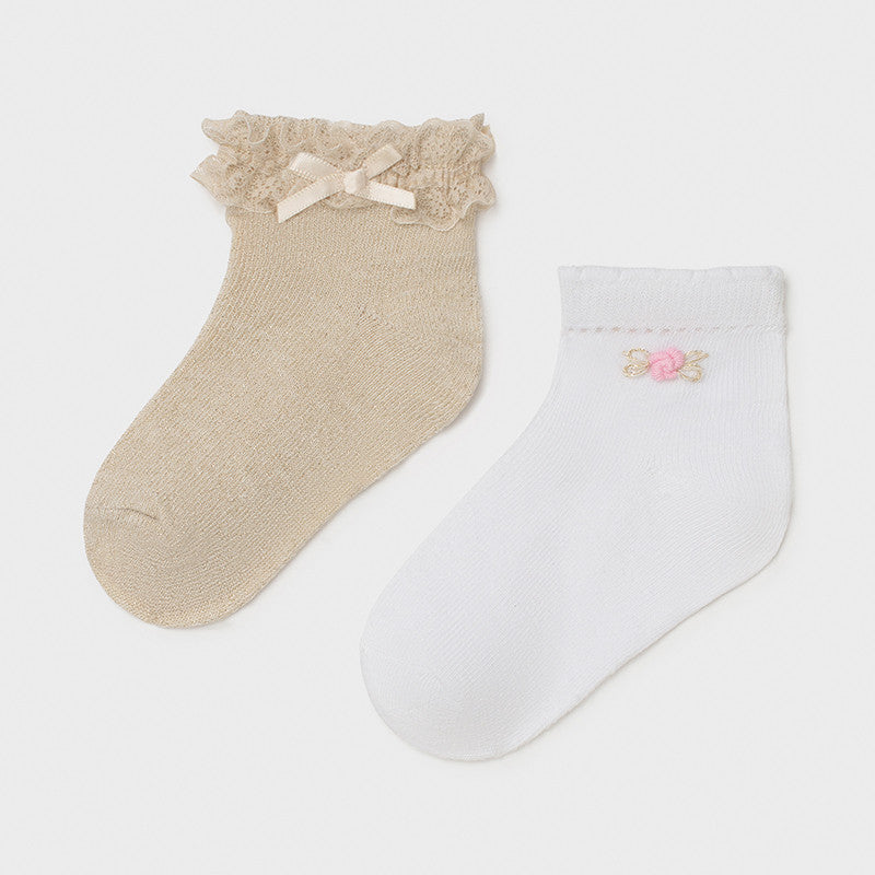 Mayoral Baby Girls Champagne Lace Bow and White Floral Socks Two Pack